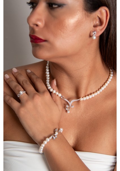 Deniz Dalgası Inci Set 925 Ayar Gümüş Rodyum (Beyaz Altın) Kaplama Gerçek Inci Set