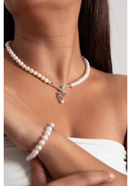 Deniz Dalgası Inci Set 925 Ayar Gümüş Rodyum (Beyaz Altın) Kaplama Gerçek Inci Set