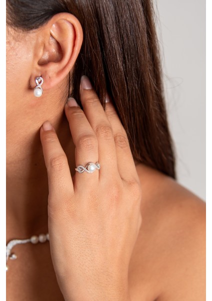 Deniz Dalgası Inci Set 925 Ayar Gümüş Rodyum (Beyaz Altın) Kaplama Gerçek Inci Set