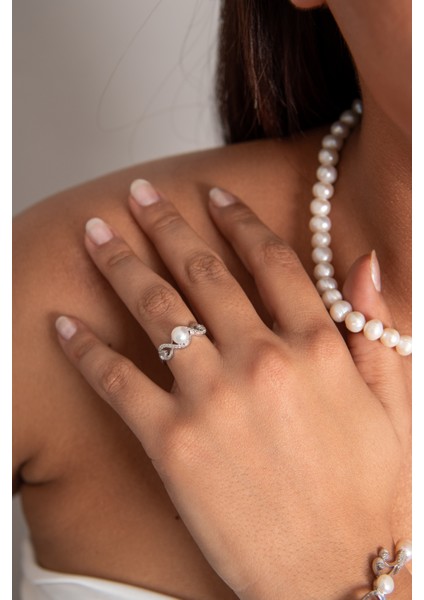 Deniz Dalgası Inci Set 925 Ayar Gümüş Rodyum (Beyaz Altın) Kaplama Gerçek Inci Set