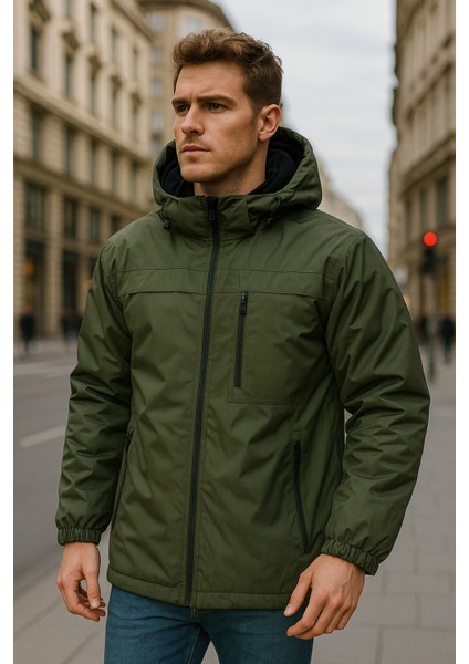 Erkek Kapüşonlu Cep Detaylı Içi Polar Kışlık Mont 2540 Haki