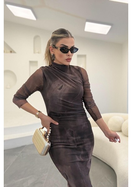 Omuzdan Büzgülü Balıkçı Yaka Dar Uzun Elbise Kahverengi fiyatları