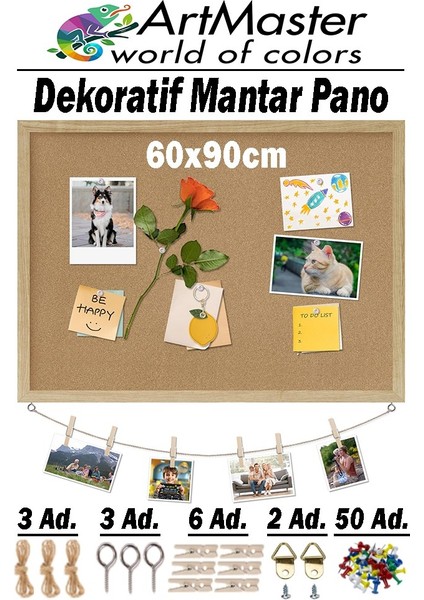 Mantar Pano Ahşap Çerçeve Duvara Monte 60X90 cm 1 Adet Harita Çivisi Hediyeli Dekorasyon Mantar Çerçeve Evde Okulda Büro