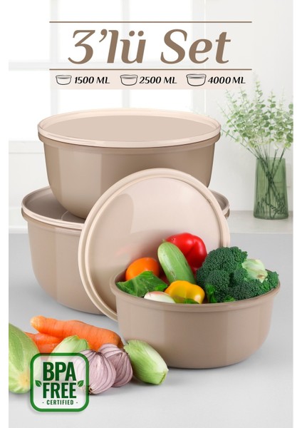 3'lü Pello Yuvarlak Saklama Kabı Seti - Mikrodalga ve Difriz Uyumlu Düzenleyici Badya 1,5-2,5-4 L