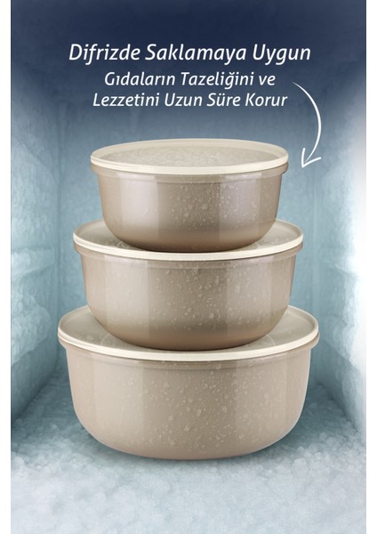 3'lü Pello Yuvarlak Saklama Kabı Seti - Mikrodalga ve Difriz Uyumlu Düzenleyici Badya 1,5-2,5-4 L modelleri