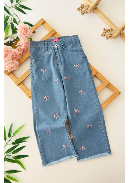 Fiyonk Işleme Detaylı Kız Çocuk Yumuşak kot pantolon - Mavi