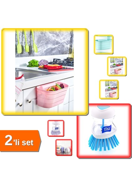 Dolap Kapağı Organizeri - Tezgah Çöp Kutusu + Deterjan Hazneli Bulaşık Fırçası 2li Set R7K1ZQ