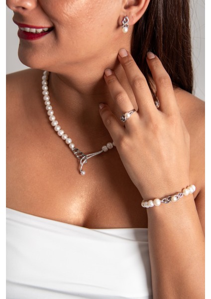 Dalgalı Model Inci Set 925 Ayar Gümüş Rodyum (Beyaz Altın) Kaplama Gerçek Inci Set