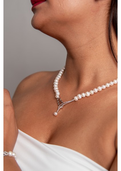 Dalgalı Model Inci Set 925 Ayar Gümüş Rodyum (Beyaz Altın) Kaplama Gerçek Inci Set