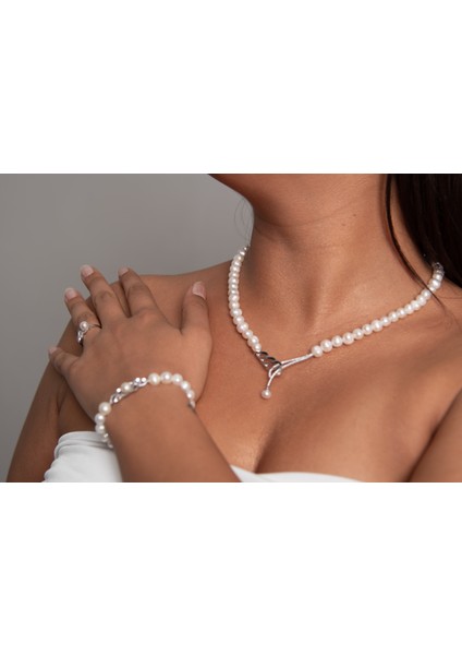 Dalgalı Model Inci Set 925 Ayar Gümüş Rodyum (Beyaz Altın) Kaplama Gerçek Inci Set
