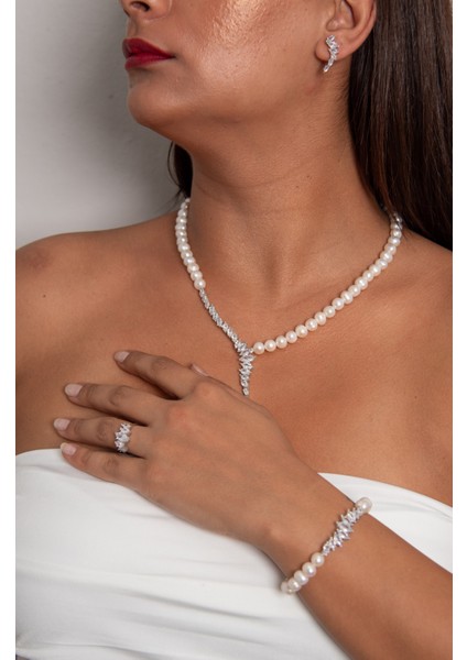 Full Taş Model 925 Ayar Gümüş Rodyum (Beyaz Altın) Kaplama Gerçek Inci Set modelleri