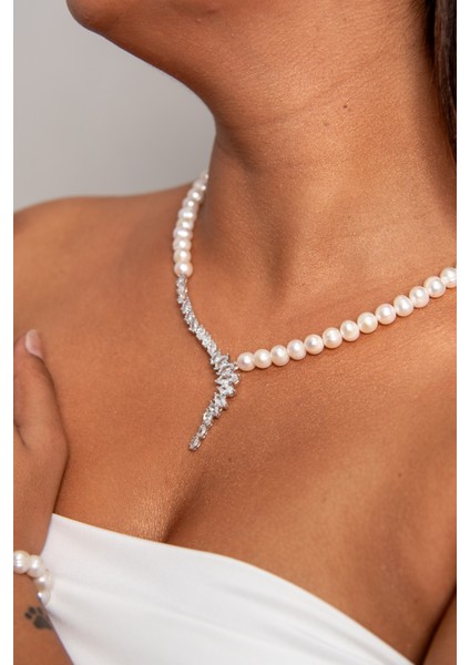 Full Taş Model 925 Ayar Gümüş Rodyum (Beyaz Altın) Kaplama Gerçek Inci Set fırsatları