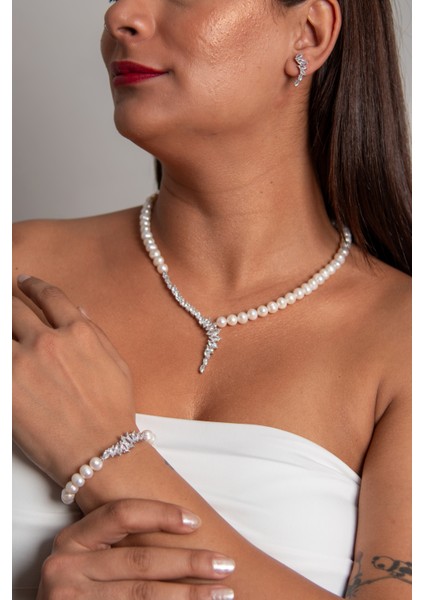 Full Taş Model 925 Ayar Gümüş Rodyum (Beyaz Altın) Kaplama Gerçek Inci Set