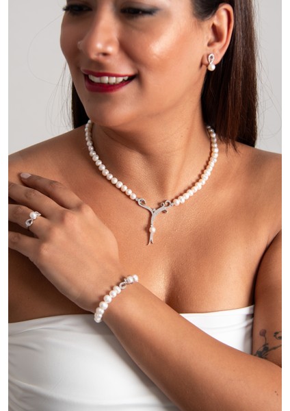 En Şık Inci Set Model 925 Ayar Gümüş Rodyum (Beyaz Altın) Kaplama Gerçek Inci Set