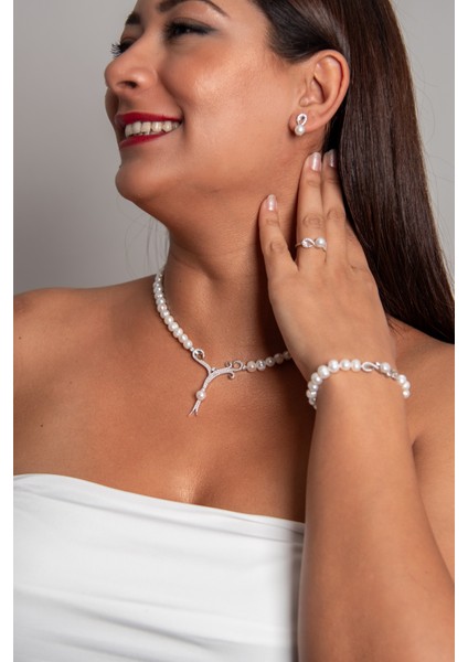 En Şık Inci Set Model 925 Ayar Gümüş Rodyum (Beyaz Altın) Kaplama Gerçek Inci Set fırsatları