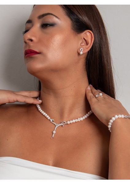 En Şık Inci Set Model 925 Ayar Gümüş Rodyum (Beyaz Altın) Kaplama Gerçek Inci Set