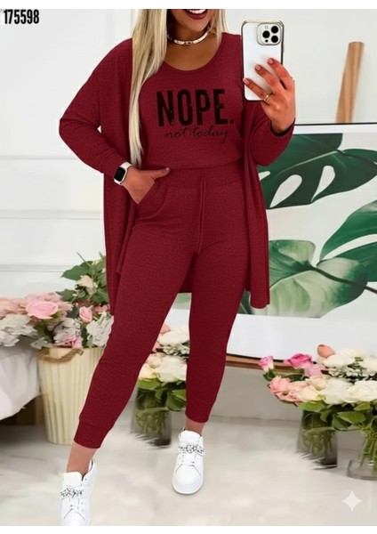 Kadın Askılı Yuvarlak Yaka Yazılı Viskon Iki Iplik Bluz Ceket ve Pantolon 3lü Takım