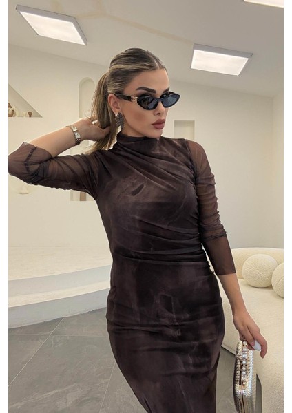 Omuzdan Büzgülü Balıkçı Yaka Dar Uzun Elbise Kahverengi fırsatları