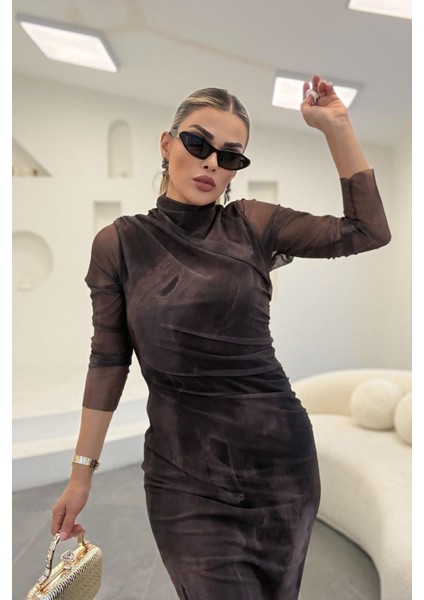 Omuzdan Büzgülü Balıkçı Yaka Dar Uzun Elbise Kahverengi indirimleri