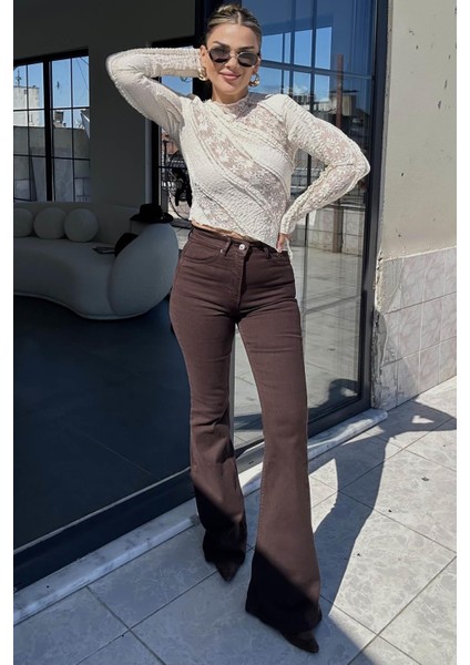 Ispanyol Paça Jean Pantolon Acı Kahve