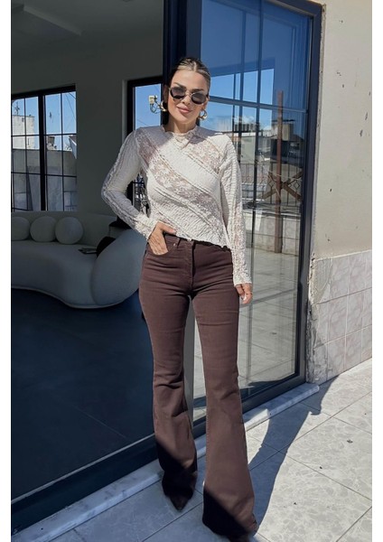 Ispanyol Paça Jean Pantolon Acı Kahve modelleri