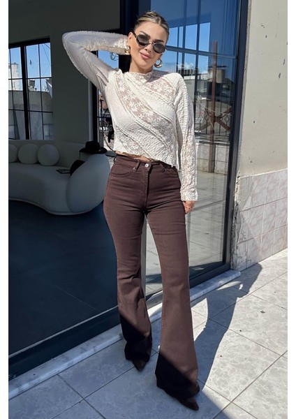 Ispanyol Paça Jean Pantolon Acı Kahve fırsatları