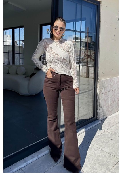 Ispanyol Paça Jean Pantolon Acı Kahve