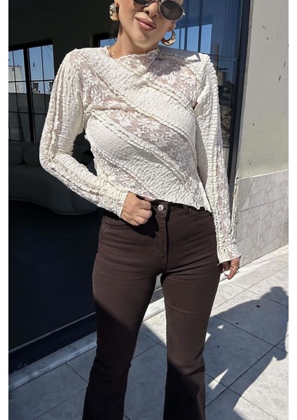 Ispanyol Paça Jean Pantolon Acı Kahve