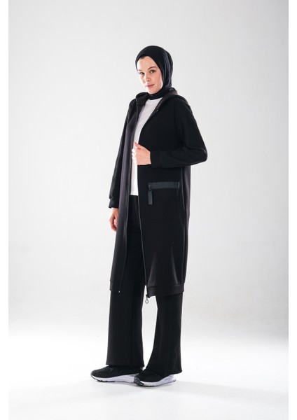 2282_KADIN File Detaylı Kapüşonlu Fermuarlı Tesettür Kap-Boru Paça Pantolon 2\'li Spor Takım, Siyah