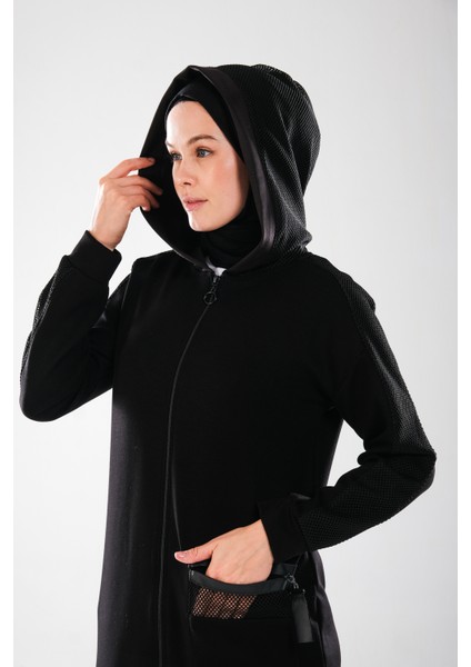 2282_KADIN File Detaylı Kapüşonlu Fermuarlı Tesettür Kap-Boru Paça Pantolon 2\'li Spor Takım, Siyah fiyatları