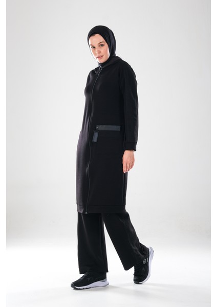 2282_KADIN File Detaylı Kapüşonlu Fermuarlı Tesettür Kap-Boru Paça Pantolon 2\'li Spor Takım, Siyah modelleri