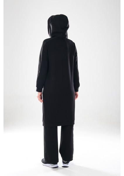 2282_KADIN File Detaylı Kapüşonlu Fermuarlı Tesettür Kap-Boru Paça Pantolon 2\'li Spor Takım, Siyah indirimleri