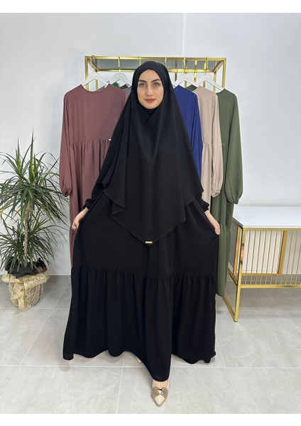 Ferace & Abaya Sufle Eşarp ve Iki Kat Büzgülü Elbise Takım.hijab .hac ve Umre Için Uygundur Siyah