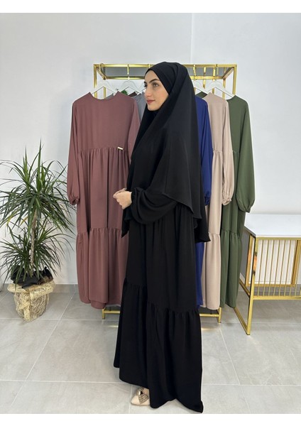 Ferace & Abaya Sufle Eşarp ve Iki Kat Büzgülü Elbise Takım.hijab .hac ve Umre Için Uygundur Siyah fırsatları