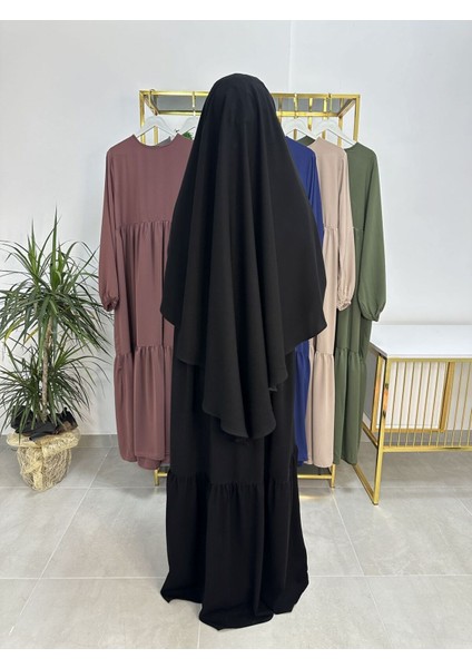 Ferace & Abaya Sufle Eşarp ve Iki Kat Büzgülü Elbise Takım.hijab .hac ve Umre Için Uygundur Siyah