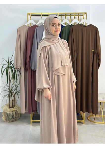Şallı ,tesettür Yandan Büzgülü Elbise Takım Jilbab,abaya,hijab ( Hac ve Umre Için Bej Renk fiyatları