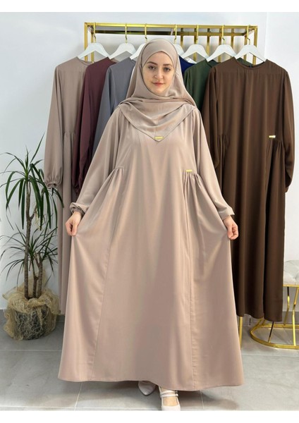 Şallı ,tesettür Yandan Büzgülü Elbise Takım Jilbab,abaya,hijab ( Hac ve Umre Için Bej Renk modelleri