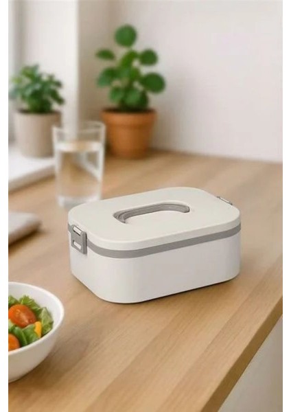 Paslanmaz Çelik Hazneli Lunch Box Tek Katlı Kendinden Çatal Kaşıklı Beslenme Kutusu Bej
