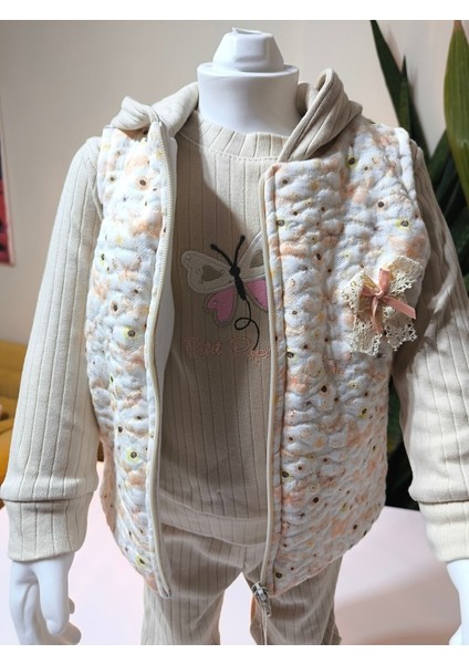 Kız Bebek Kelebek Desenli Üçlü Takım (Omuzdan Çıtçıtlısweatshirt+ Dantelli Kapşonluyelek+Pantolon) fırsatları