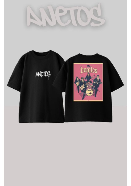 The Beatles 4 Tasarım Sırt Baskılı Pamuk Siyah Oversize T-Shirt