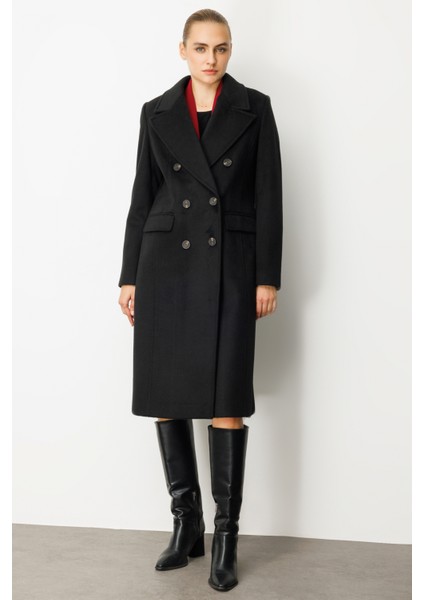 Kadın Kruvaze Yaka Kapak Cepli Kaban 6069 Siyah