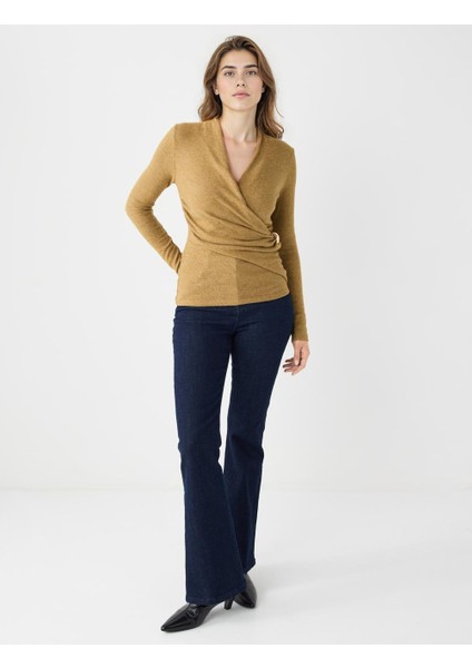 Yağ Yeşili Kruvaze Yaka Yumuşak Dokulu Örme Bluz