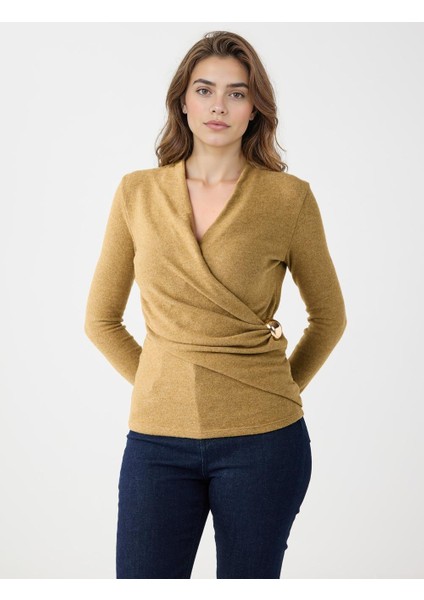 Yağ Yeşili Kruvaze Yaka Yumuşak Dokulu Örme Bluz fiyatları