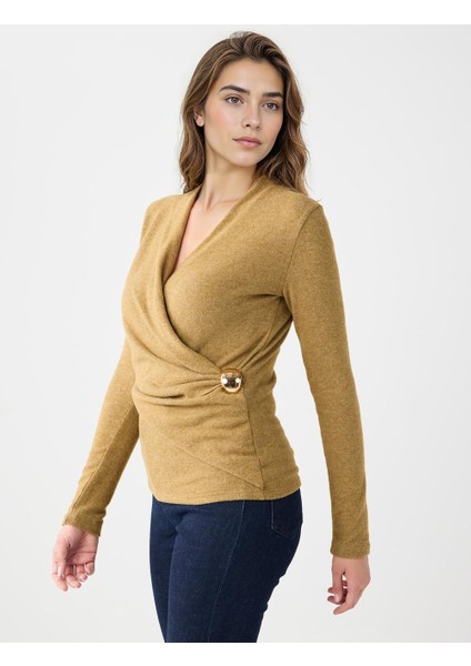 Yağ Yeşili Kruvaze Yaka Yumuşak Dokulu Örme Bluz modelleri
