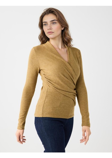 Yağ Yeşili Kruvaze Yaka Yumuşak Dokulu Örme Bluz fırsatları