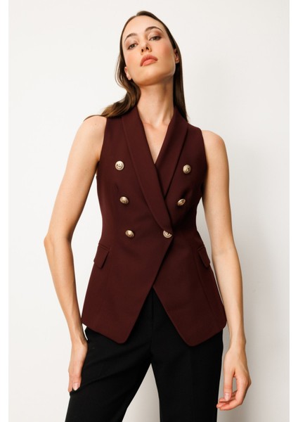 Kadın Kruvaze Yaka Kapak Cepli Yelek 5009 Bordo