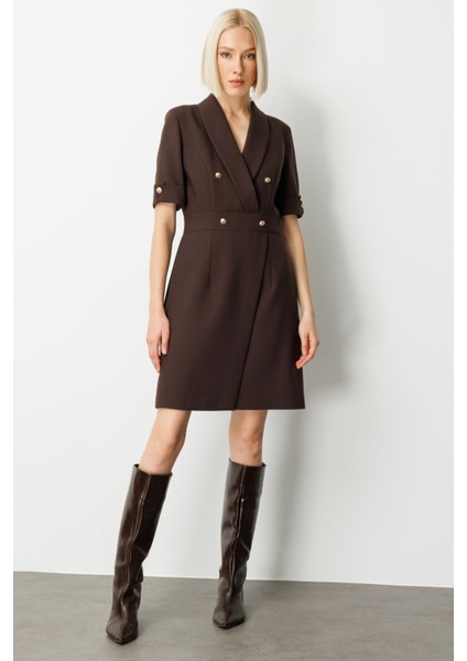 Kadın Kruvaze Yaka Süs Düğmeli Elbise 4017 Kahverengi