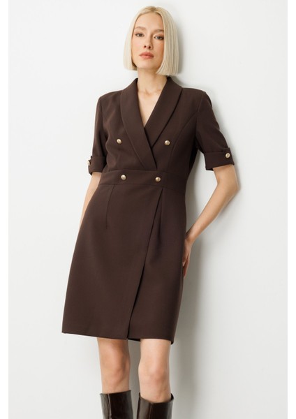 Kadın Kruvaze Yaka Süs Düğmeli Elbise 4017 Kahverengi modelleri