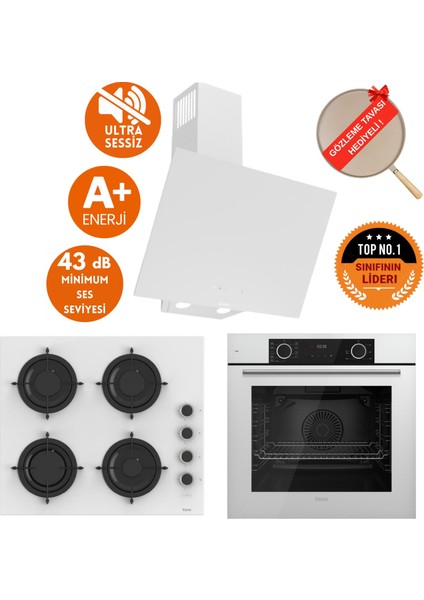 Fryart&flowart Vava Sessiz Davlumbaz Beyaz Cam Ankastre Set ( D081-SA + CS206-FA + XE63CB )