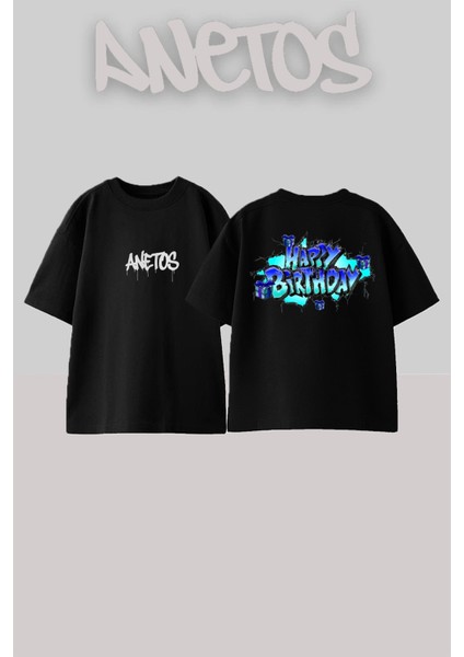Happy Birtyhday Tasarım Sırt Baskılı Pamuk Siyah Oversize T-Shirt